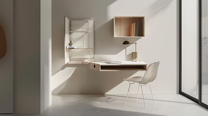 Minimalist office setup featuring a compact writing desk, a minimalist wireframe chair, and a wall-mounted storage cubby