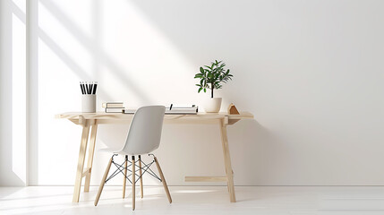 Minimalist office setup featuring a minimalist wooden desk, a Scandinavian-style chair, and a desktop organizer for pens and stationery