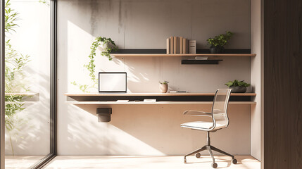 Minimalist office setup featuring a floating shelf desk, a clear acrylic chair, and a wall-mounted bookshelf for storage