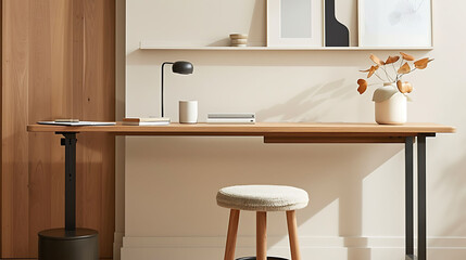 Minimalist office setup featuring a slim console table desk, a minimalist stool, and a wall-mounted floating shelf for storage