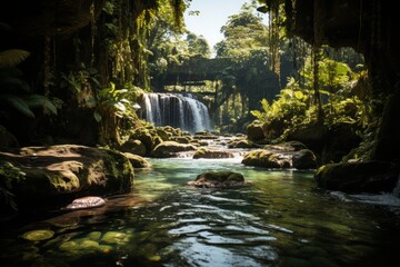 A waterfall flows through the jungle, showcasing natures beauty