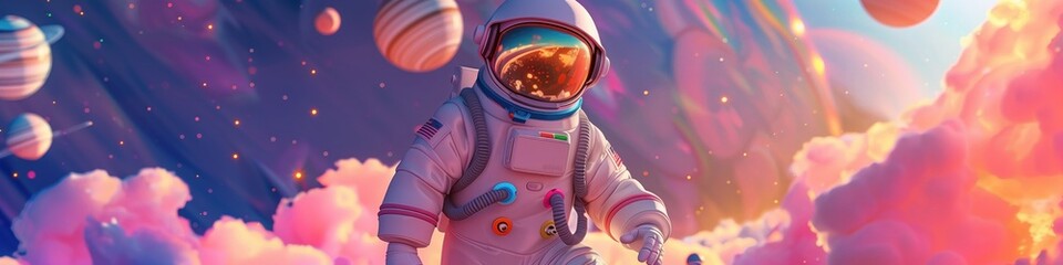 cosmic explorer with vibrant planets reflecting in helmet visor - obrazy, fototapety, plakaty