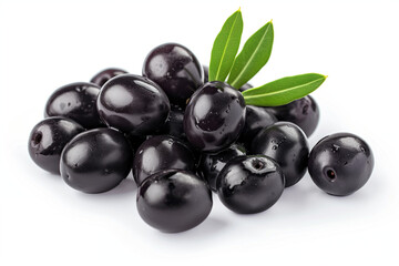 Black olives with leaves isolated on white background