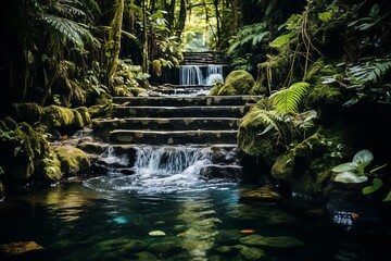 Waterfall in forest with stairs, surrounded by lush greenery
