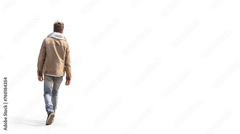 Wall mural portrait of a young man walking, back view, transparent, isolated on white