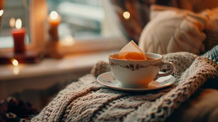 Zelfklevend Fotobehang hot cup of tea on a wooden table in the morning sunlight © Fantastic