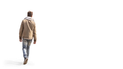 Naklejka premium portrait of a young man walking, back view, transparent, isolated on white