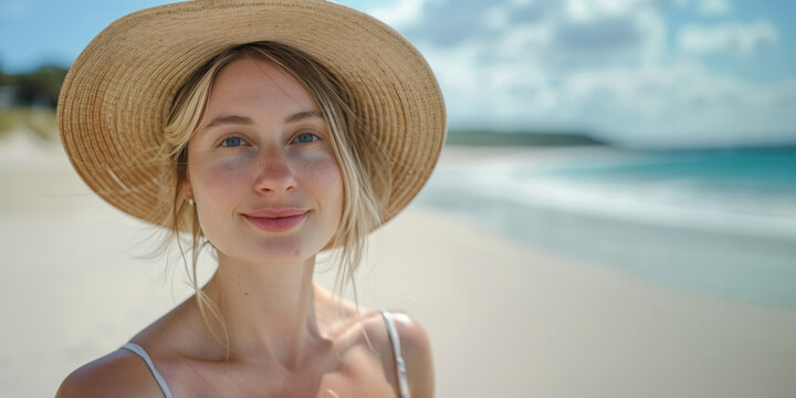 A beautiful Australian woman in her 30s with blonde hair, wearing a wide brimmed straw sunhat on the beach in Queensland, NSW or Victoria. Summer holiday. Sunsmart, sun protection. Sunny day.