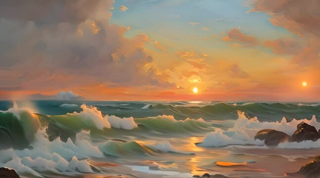 Wavy sea on a sunset, impressionism style landscape background