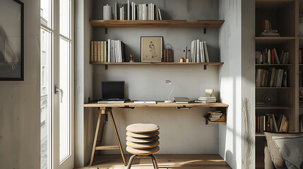Minimalist office setup incorporating a foldable wall desk, a stackable stool, and a wall-mounted shelf for storing books and decorative items