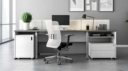 Minimalist office setup incorporating a modular cubicle desk system, a minimalist rolling chair, and a desk organizer tray