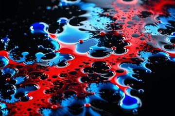 Colorful explosion. Chaotic mixture of red, blue, and black liquid. Ink stain. - obrazy, fototapety, plakaty
