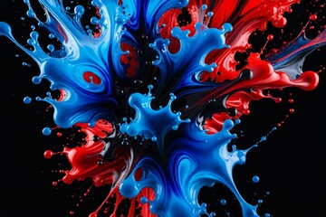 Colorful explosion. Chaotic mixture of red, blue, and black liquid. Ink stain. - obrazy, fototapety, plakaty