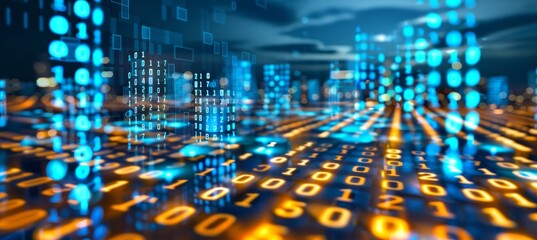 Pixelated data stream on digital interface with glowing binary code and encryption concept