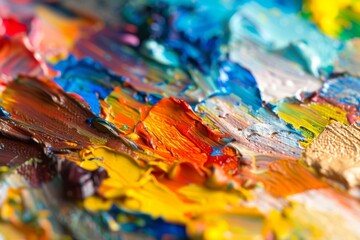 Fototapeta premium A detailed closeup showcasing the texture of thick, impasto paint strokes on a canvas, creating an aesthetic and artistic background with a palette of soft pastel colors that blend beautifully.