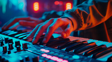 Fototapeta premium hands of musician playing piano in studio, close