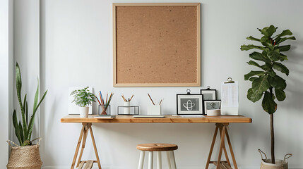 Minimalist office setup with a ladder desk, a minimalist stool, and a wall-mounted corkboard for pinning notes and ideas