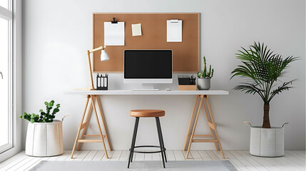 Minimalist office setup with a ladder desk, a minimalist stool, and a wall-mounted corkboard for pinning notes and ideas