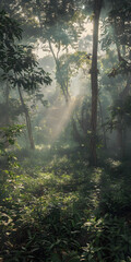 Tropical Floresta Verde com Raios de Sol - obrazy, fototapety, plakaty