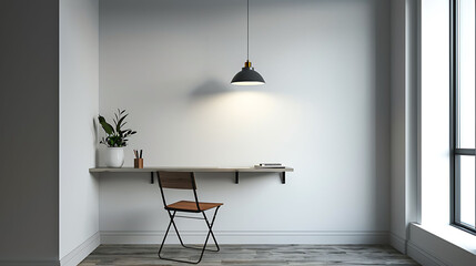 Minimalist office setup with a foldable wall-mounted desk, a space-saving folding chair, and a pendant light fixture