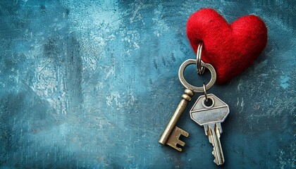 Heartfelt homeownership  house shaped keyring with keys and red heart, copy space for text