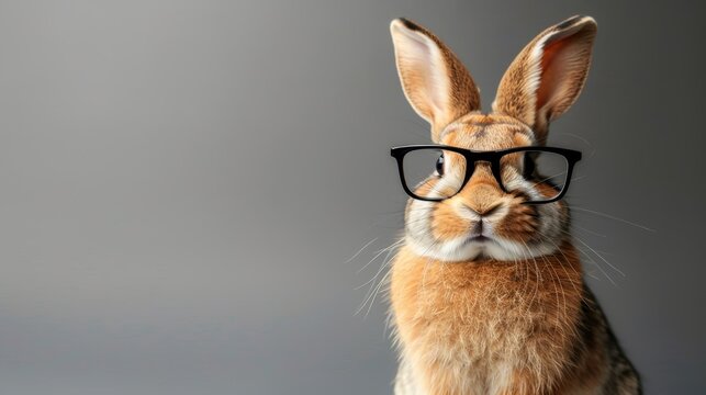 Playful rabbit sporting glasses in a studio setup, presenting a charming image with room for text.