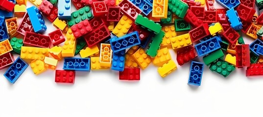 Child playing with colorful plastic blocks, ultra high definition image with space for text.