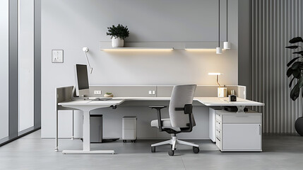 Minimalist office setup with a modular corner desk system, a minimalist rolling chair, and pendant lighting for task illumination