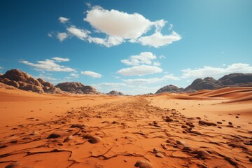 Fototapeta na wymiar Desolate dirt road through desert with mountain backdrop under cloudy sky