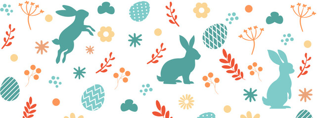 Colorful Easter banner with bunnies, eggs and flowers. Vector EPS 10