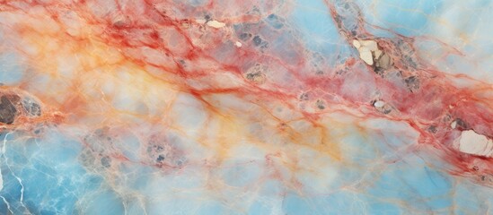 A detailed painting of a blue and red marble texture resembling a natural landscape with elements...