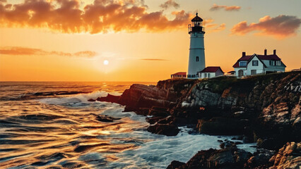 lighthouse at sunset - obrazy, fototapety, plakaty