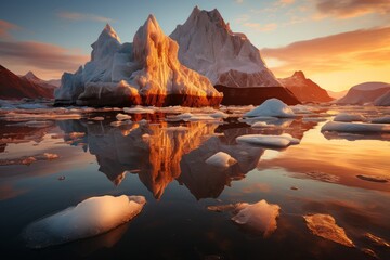 A huge iceberg is mirrored in the water under the sunset sky