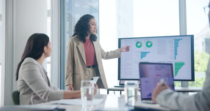 Team, screen and office for data, discussion and planning with report for business. Group, computer and collaboration for presentation, creative and work at web design agency with technology