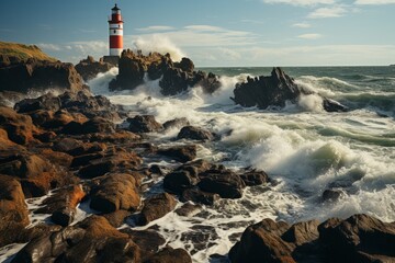 Lighthouse on rocky shore with waves crashing, under cloudy sky