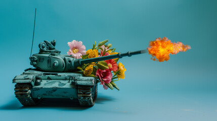 War vehicle using flowers as a weapon. Peace concept background, 3D Illustration