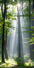 Tropical forest with sunlight filtering through the foliage
