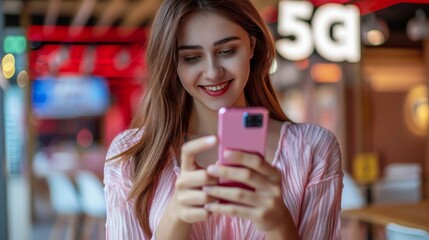 Young woman using 5g smartphone with holographic icons in urban setting for online communication.