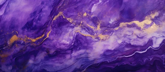 Foto op Canvas A detailed closeup of a mesmerizing purple and gold marble texture, resembling a beautiful natural landscape with swirls of violet, magenta, and electric blue colors © AkuAku