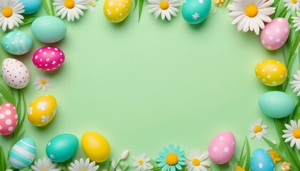 Easter eggs and flowers on a green background with copy space, Easter Day