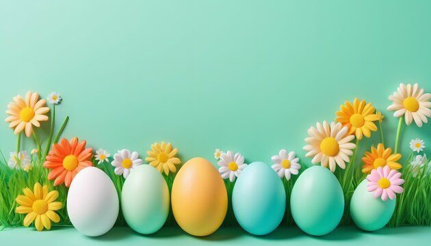 Easter eggs and flowers on a green background with copy space, Easter Day