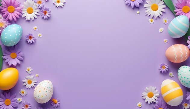 Easter eggs and flowers on a purple background with copy space, Easter Day