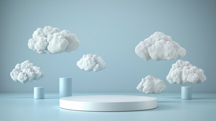 Gray cloud background podium with white sky, product display stage in dreamy studio setting