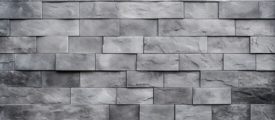 A detailed shot of a rectangular grey brick wall showcasing the brickwork pattern. The monochrome photography highlights the texture of the building material