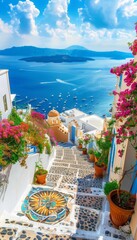 Obraz premium Daytime santorini island panorama fira and oia towns overlooking cliffs and aegean sea, greece