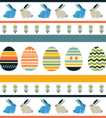 a repeating pattern of colorful Easter eggs and bunnies on a white background.