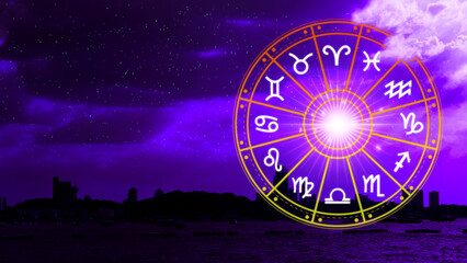 Concept of astrology and horoscope, person inside a zodiac sign wheel, Astrological zodiac signs inside of horoscope circle, Astrology, knowledge of stars in the sky, power of the universe concept.