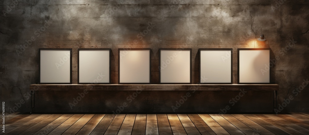 Poster a room in a building with a wooden flooring and a row of empty frames on the brickwork wall, creatin
