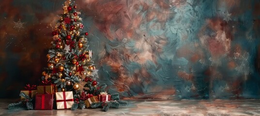 Festive christmas tree with presents against dark gray wall, defocused lights, copy space