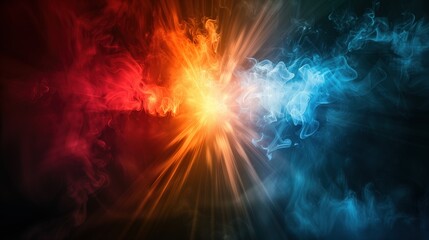 a colourful light burst from a black smoky background with red, blue and orange colours, abstract.